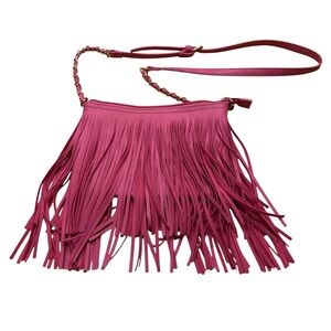 Fuchsia Pink Faux leather Shoulder Bag with long fringe gold chain strap